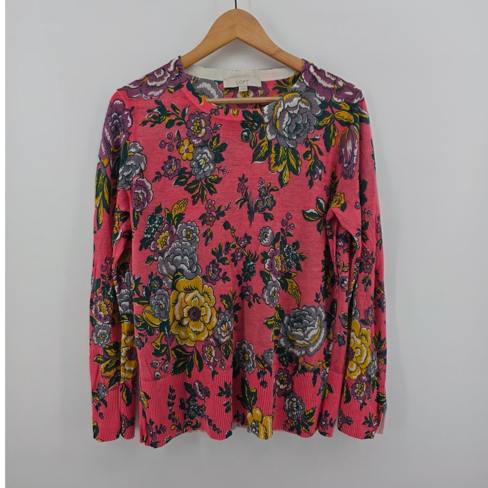 LOFT Pink Floral Long Sleeve Crew Neck Lightweight Sweater XL Ramie Viscose
